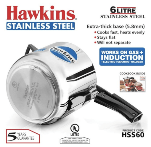 Hawkins 6 Litre Pressure Cooker, Stainless Steel Cooker, Induction Cooker, Silver (HSS60) - Image 4